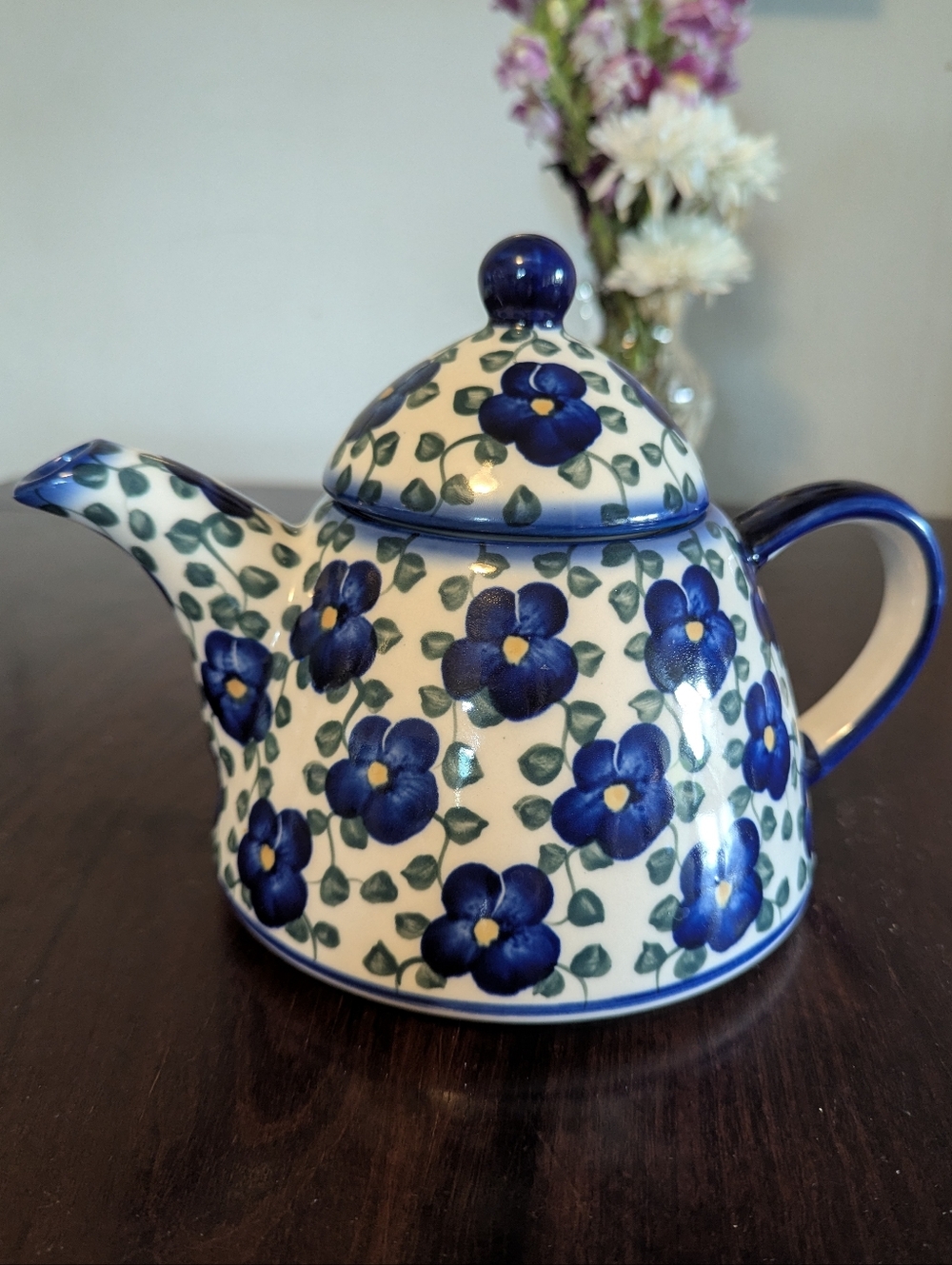 Blue Flower Pattern Polish Pottery Teapot